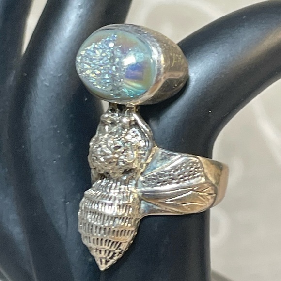 Designer AKR Sterling Silver 925 Druzy Quartz Bumble Bee Ring. Size 6.5 - Picture 2 of 11